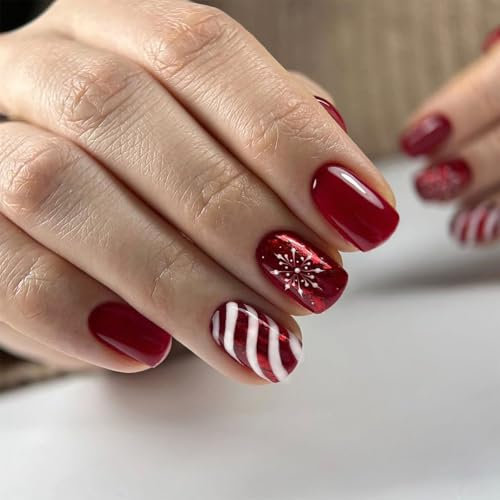Calkkrer 24 Stück Rote Weihnachtsnägel Press On Nails, Kurze Rechteckige Nägel Zum Aufkleben, Zuckerstreifen Schneeflocken Falsche Nägel, Künstliche Nägel, Falsche Nagelspitzen