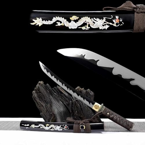 55cm handgefertigtes Wakizashi,Klinge aus Manganstahl mit schwarzes Handwerk,Scheide aus massivem Holz mit bemalten Mustern,echtes Katana zum Sammeln,Heimdekoration,Kampfsport,Fitness,Requisiten,Iaido