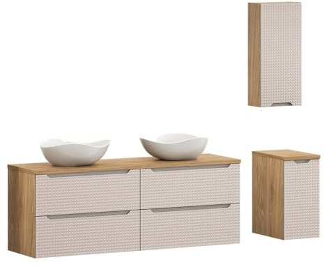 Lomadox Badmöbel Set 3-teilig mit 160 cm Waschtisch in Eiche mit beige, grifflose 3D-Front, Keramik-Waschbecken