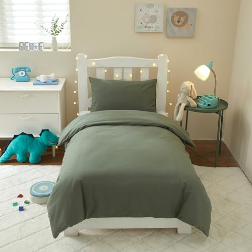 Ruccit Ensemble de literie pour lit bébé pour tout-petit Garçons Filles 100% Coton lavé Vert sauge Ensemble de housse de couette pour lit junior pour enfants 2 pièces - Ensemble de housse de couette