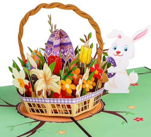 Biglietto Pasqua, Biglietti di Pasqua, Biglietti Auguri Pasqua, Biglietto Buona Pasqua, Biglietto di Pasqua con Busta, Carte di Pasqua 3D Pop Up con Conigli, Uova di Pasqua e Motivi Floreali (B)