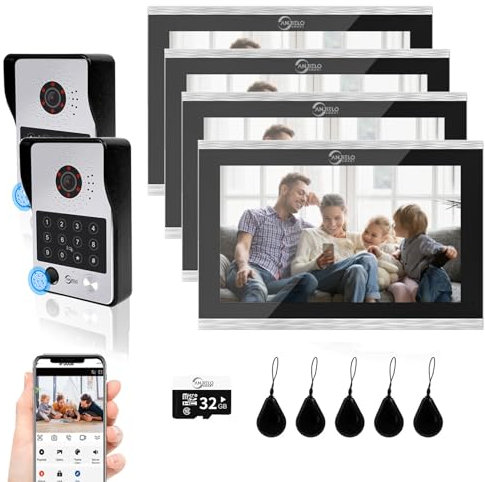 Sistema citofonico dell'appartamento del videocitofono cablato,monitor a 10 pollici di tocco,campanello della macchina fotografica 1080P,5 in 1 sblocco per la villa domestica (2 Campanello +4 Monitor)