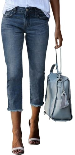 Générique Corsaire Droit en Jean Taille Haute - Pantacourt Femme été Mom Petite avec Ourlet Effiloché, Pantalon Court Denim Décontracté Capri
