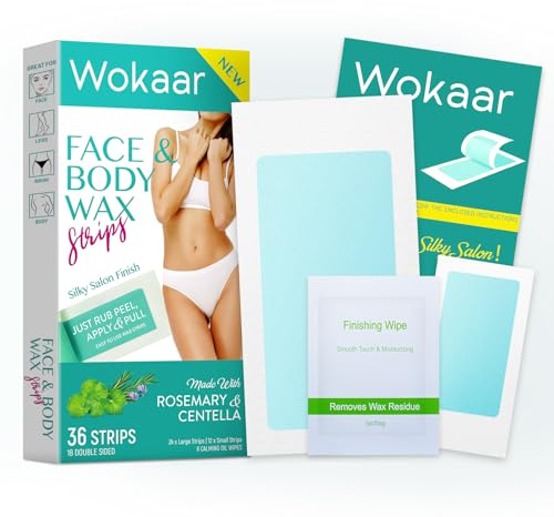 Body Wax Strips | Hair Removal Wax Kit for Women and Men - 42 Count Beeswax & Rosemary Waxing Kit for Legs & Bikini, Underarms, Facial, Eyebrows, Face (24 Body +12 Facial Strip +6 Oil Wipes)