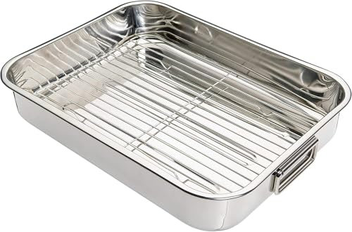 MAXPERKX 32cm Stainless Steel Kitchen Roasting Tray Oven Pan Removable Grill Rack Cooking Baking Tin Dish Bakeware Craft Roaster with Handles for Safe Handling and Easy Storage (32cm)