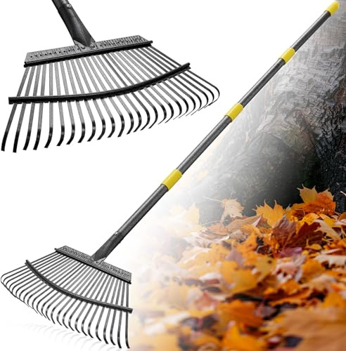 FLY HAWK Râteau à Feuilles, 200cm Râteau de Jardin avec Manche Réglable et 25 Dents Renforcées, 45cm Grande Surface Râteau de Jardin pour Nettoyer Plantes, Pelouse et Cour