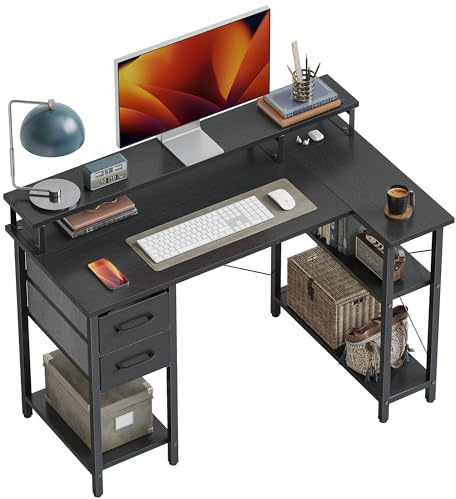 CubiCubi Eckschreibtisch mit Regal und Schublade – 120x70 cm Computertisch L-Form, Bürotisch mit Monitorständer & Stauraum, Schreibtisch für Home Office, Arbeit & Gaming, Schwarz
