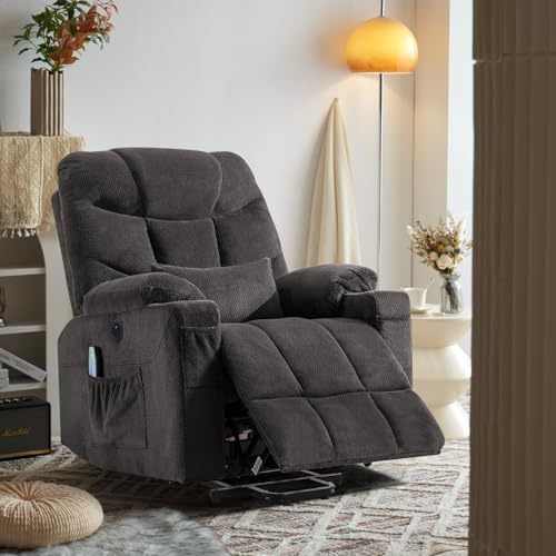 PALLOME Elektrischer Aufstehsessel, Relaxsessel mit Vibrationsmassage & Heizfunktion, Senioren Fernsehsessel mit stufenloser Verstellung, Fernbedienung, USB & Typ-C Anschluss, 3 Positionen (Grau)