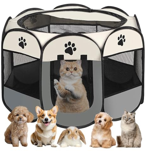Welpenauslauf Faltbare Hundebox - 74x74x43cm Welpenlaufstall Faltbare hundezelt Katzengehege für Drinnen Outdoor Hundekäfig Kaninchen Laufstall Katze Hund Katzenzelt Kleintiergehege (Grau)