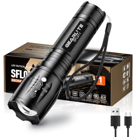 GEARLITE LED Torch Rechargeable, 2000LM Zoomable Rechargeable Torch with 3 Modes, Long-Lasting IP65 Waterproof Torches Led Super Bright for Camping, Hiking, Emergencies - Gifts for Men Dad Kids