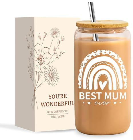 NOOMII Unique Gifts for Mum - 16 Oz Iced Coffee Cup, Glass Cups with Lids and Straws, Ideal Iced Coffee Gift Set, Mother‘s Day & Mum Birthday Gifts for Wife, Mother