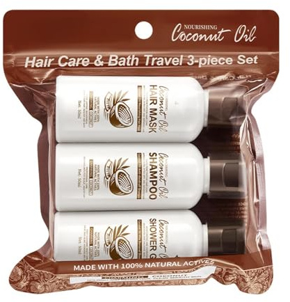 Coconut Oil Travel Size Toiletries, Shampoo and Conditioner Sets with Body Wash Gel, Natural Ingredients, Deep Cleaning the Body and Hair, Silky Hydration & Nourishing Care (1 set)