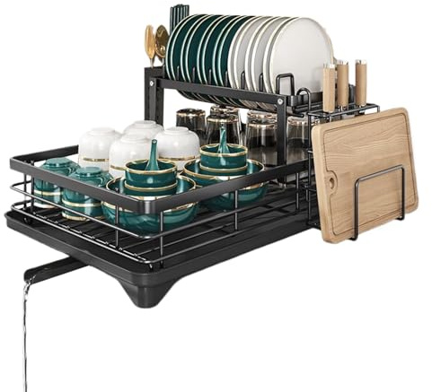 Rack de séchage à vaisselle - support en acier en carbone extensible, organisateur à plusieurs niveaux | Accessoire de cuisine de sauvegarde de l'espace pour les assiettes, tasses, bols, couverts, ust
