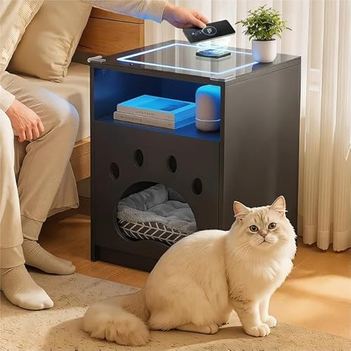 Katzenhaus Nachttisch mit Ladestation & LED-Beleuchtung, Moderner Beistelltisch aus Holz mit Katzenhöhle, Dunkelgrauer Nachtschrank mit Ablagefach für Schlafzimmer Wohnzimmer