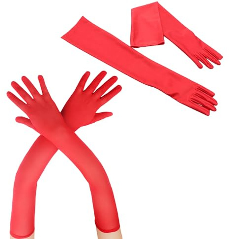 MniimaLuxe Guanti lunghi, in nylon, neri da donna, per matrimoni, balli, feste e feste in costume, feste, serate, guanti in rete, guanti neri, Colore: rosso, m