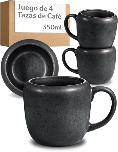 Cosumy Juego de 4 Tazas Cafe Grandes Negras – Mug & Taza Cafe de Ceramica 350ml – Juego Cafe que Conserva el Calor – Elegantes Tazas Desayuno con Esmalte Artesanal – Juego Tazas Cafe con Leche