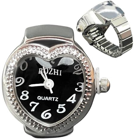 Vintage-Fingerringuhr, runde Ringuhr, Herzform, kreative Herzform, Finger, analog, rund, für Damen und Herren, Schwarz , Refer to description, Unisex