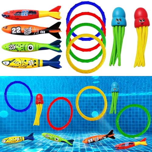 SilverChry Tauchspielzeug-Set, Tauchtiere, Unterwasser Tauchspielzeug Set Beinhaltet einen Tauchtorpedo, einen 4 Oktopus und 2 einen 4 Taucherring, perfekt für Schwimmtraining und Poolpartys