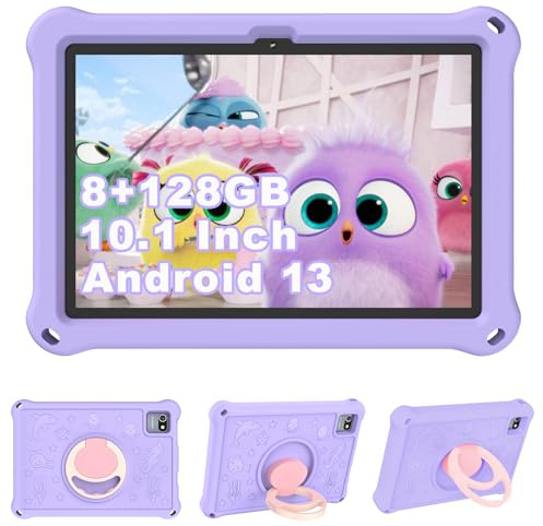 YOBWOK Tableta para Niños de 10.1 Pulgadas,Tabletas Android 13 con Funda Protectora,8+128GB,Pantalla IPS 1280 * 800,Cámara Dual 2MP+5MP,6000mAh,Tableta Aprendizaje con Control Parental e iWawa,Morado