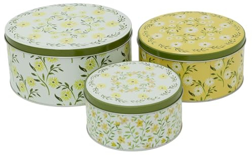 Carousel Home Set of 3 Floral Nesting Tins, Round Metal Storage Tins with Lids, Botanical Kitchen Storage Set