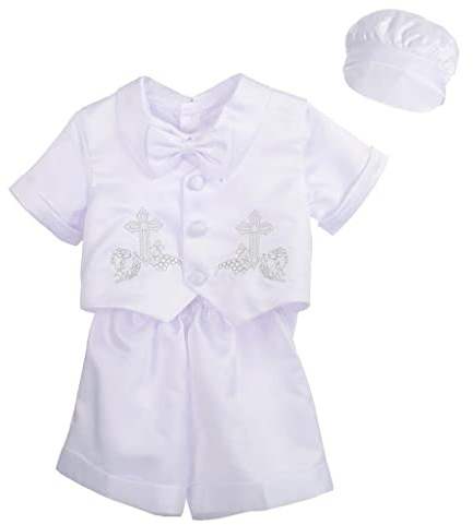 Lito Angels 4 Piezas Saten Ropa de Bautizo Traje de Bautismo para Bebe Niño, con Gorro Capó, Manga Corta, Blanco, Talla 12 Meses, A