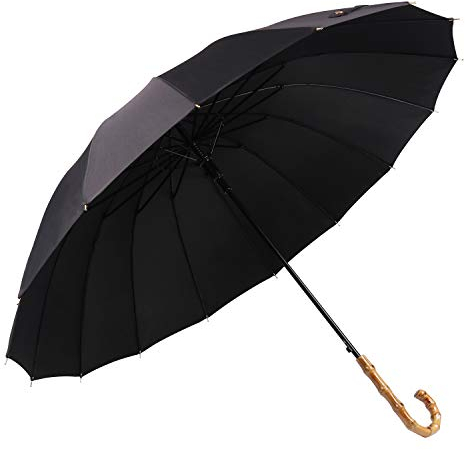 Lanker KS08P Parapluie Long avec 16 Baleines Ouverture et Fermeture Manuelle Durable et Résistant Fibre 210T Imperméable Coupe-vent Sport noir Noir