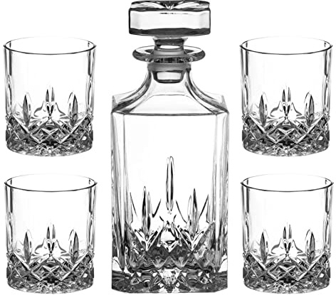 DIAMANTE Whisky Set 5 Piece “Dorchester” Collection | 1 Crystal Decanter with 4 Crystal Tumblers in a Luxury Satin Lined Gift Box