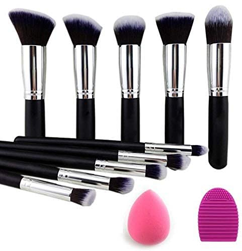 URBANMAC Premium Synthetic Kabuki Foundation Face Powder Blush Eyeshadow Brush Makeup Brush Kit with Blender Sponge and Brush Cleaner (10 pcs, Black/Silver)