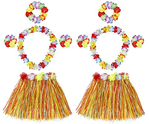 HONGXIN-SHOP Gras Röcke Hawaiian Hula Tropical Dance Rock mit Blume Armbänder Stirnband Halskette für Kinder Mädchen Frauen Party FeierKostüm 2 Set