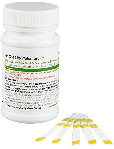 SimplexHealth stad vattentestkit (50 testremsor) resultat på 40 sekunder: Gratis klor, totalt klor, pH, total alkalinitet och total hårdhet