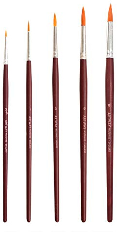 Artway - Malpinsel-Set mit 5 Stück - kurzer Griff - synthetisch - rund, Dunkelrot