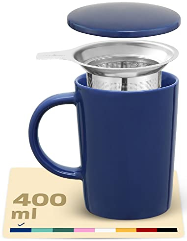 Cosumy Taza de Te con Filtro y Tapa 400ml - Ceramica - Mantiene Caliente la Infusion - Azul