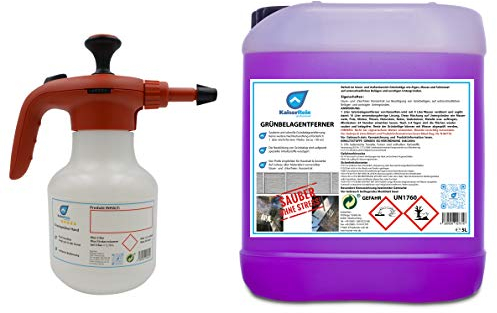 KaiserRein Profi Grünbelagentferner 5L Kanister mit Pumpdrucksprüher - Hochergiebiges Konzentrat für bis zu 750 m² - Beseitigt effektiv Grünbeläge, Moos, Algen auf Terrassen, Fassaden, Beton, Stein