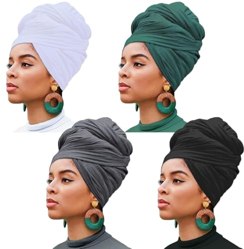Xtrend 4 Stück Stretch-Jersey-Turban-Kopfwickel für schwarze Frauen, gestrickte Stirnbandagen, städtische Haarschal, einfarbig, ultraweich, extra lang, atmungsaktiv, Stirnband zum Binden (Schwarz,