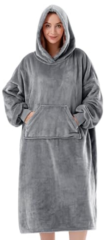Sioloc Übergroß Blanket Hoodie Decke mit Ärmeln ‌Erwachsene Oversized Tragbare Decke zum Anziehen‌ Riesen Hoodie als Geschenk für Mutter(L,Grau)
