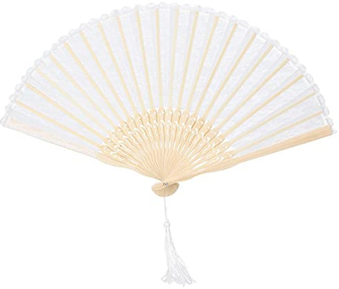 MOUMOUTEN Handfächer, Hochzeitsdeko,Doppelschicht Vintage Hand Klapplüfter Holz Geschnitzten Bambus Handheld Fächer mit Quaste für Wanddekoration und Geschenke (Weißer Spitze)