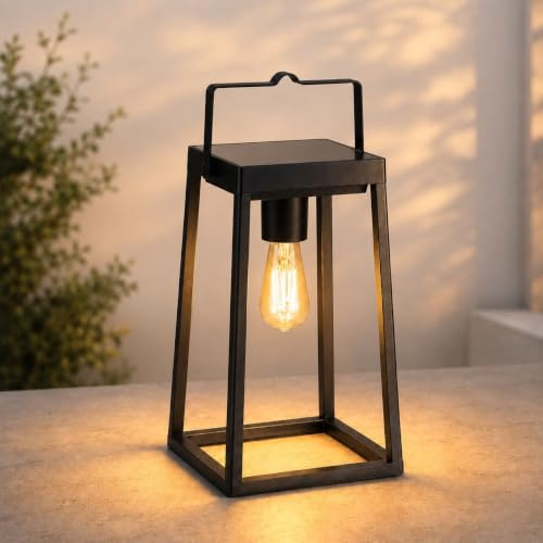 Auraglow Solar und USB Garten Laterne mit Vintage Filament Lampe | Wiederaufladbar kabellos, 48 Stunden Akku, Dämmerungssensor Option, matt schwarzes Aluminium, LED Retro Licht