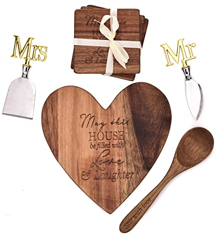 Wedding Cheese Board Gift Set - Coaster/Spoon/Knife - Mr and Mrs, Brown