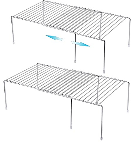 iPEGTOP Freezer Cabinet Storage Shelf, Expandable Metal Rustproof Spice Rack, Adjustable Kitchen Organizer Counter Fridge Pantry Shelf Space Saver, Chrome, Set of 2
