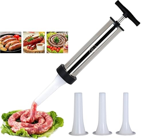 Macchina Manuale per Salsicce in Acciaio Inossidabile 304, Insaccatrice per Carne, Riempitrice per Salumi, Strumento per Insaccare Salsicce con 3 Imbuto per Salsiccia,per Salsicce Cucina Domestica