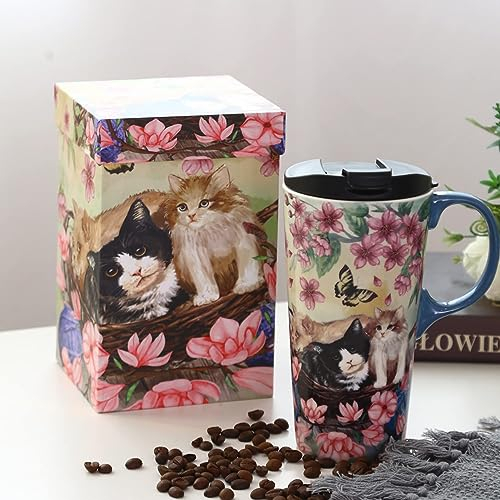 DUSVALLY 17oz Cat Theme Travel Mug - Leak-Proof Ceramic Cup with Lid, Perfect for Office & Home