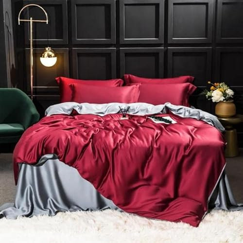 VIRUL Ensemble de literie en Soie Bleu foncé Ensemble de Housse de Couette en Soie Drap Plat Linge de lit Taie d'oreiller