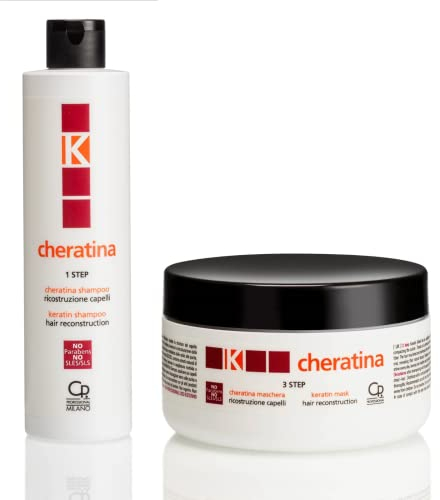K-Cheratina, Trattamento Ricostruzione Capelli Shampoo e Maschera a Base di Cheratina, Idee Regalo, Kit con Shampoo Ricostruzione per Capelli Danneggiati 200ml, Maschera Ricostruzione 250ml