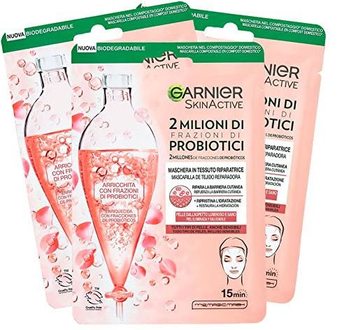Garnier SkinActive Reparierende Gesichtsmaske 2 Millionen Probiotika-Fraktionen Für Alle Hauttypen Biologisch Abbaubar Feuchtigkeitsspendend Mit Hyaluronsäure - 3 Packungen à 1 Anwendung