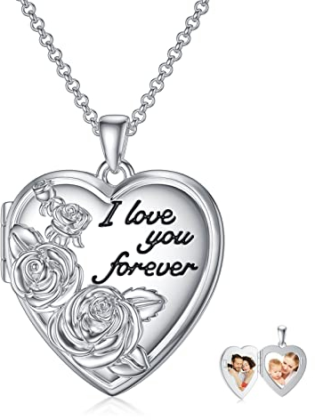 ROMANTICWORK Rose Medaillon Kette 925 Sterling Silber Medaillon zum Öffnen für Bilder Herz Foto Medaillon Halskette Amulett zum Öffnen Rose Anhänger Halskette Rose Schmuck Geschenk für Damen Mädchen