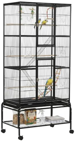 PawHut Jaula para Pájaros con Ruedas 83x53x180 cm Pajarera Metálica de 3 Niveles con 3 Perchas Comederos Juguetes Rampas y Estante de Almacenamiento para Canarios Periquitos Negro
