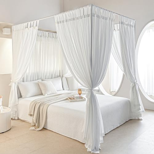 AIKASY Canopy Bed Board with Top and Self-Adhesive Hook and Loop Fasteners Strips, White Gauze Princess Bed Canopy Curtain Tent, Create a Romantic Room Atmosphere（King/California King，White）