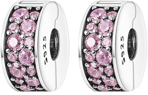 Amuefer 2 Piezas Clip Pavé Rosa Charms para Pulseras, Stopper Colgante de Plata de Ley con Circonita Cúbica, Cumpleaños Navidad Joyería Regalos para Mujeres