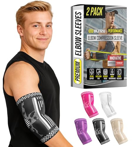 BLITZU Elbow Compression Sleeve for Tendonitis 2 Pack, Tennis Elbow Brace Support for Men and Women Golfers Elbow Pain Relief, Arthritis, Bursitis, Arm Brace for Workout, Weightlifting Black L