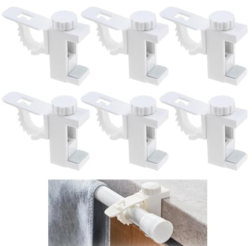 Bamyli Support Tringle Rideaux sans Perçage 6 Pièces Blanc ABS PP Réglable | Support De Pince Porte-Rideaux Rotation 360°, Charge Maximale 1Kg Pour Dressing, Armoire, Bureau Et Rangement Domestique